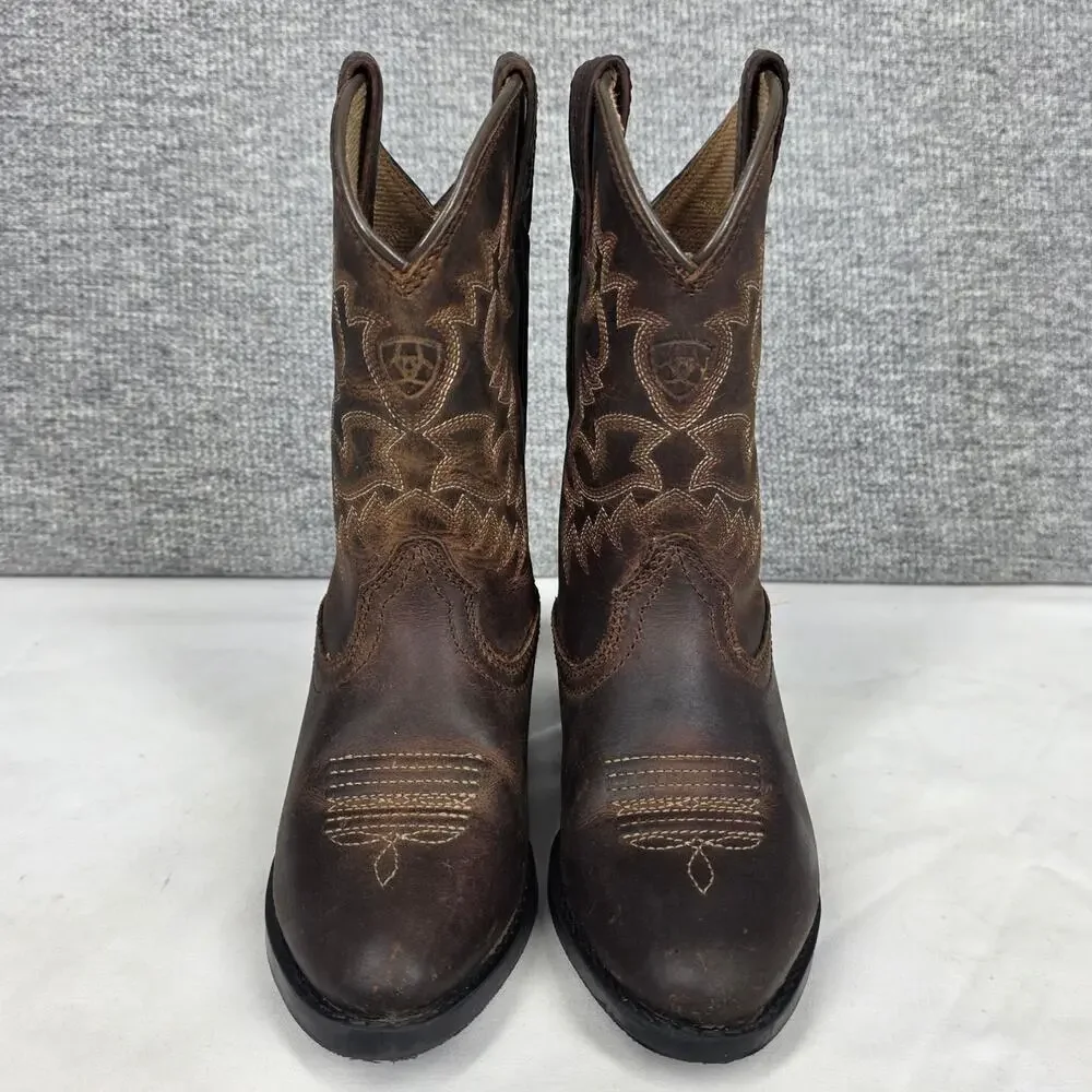 ARIAT HERITAGE WESTERN COWBOY DISTRESSED DARK BROWN LEATHER BOOTS – YOUTH SIZE 8
